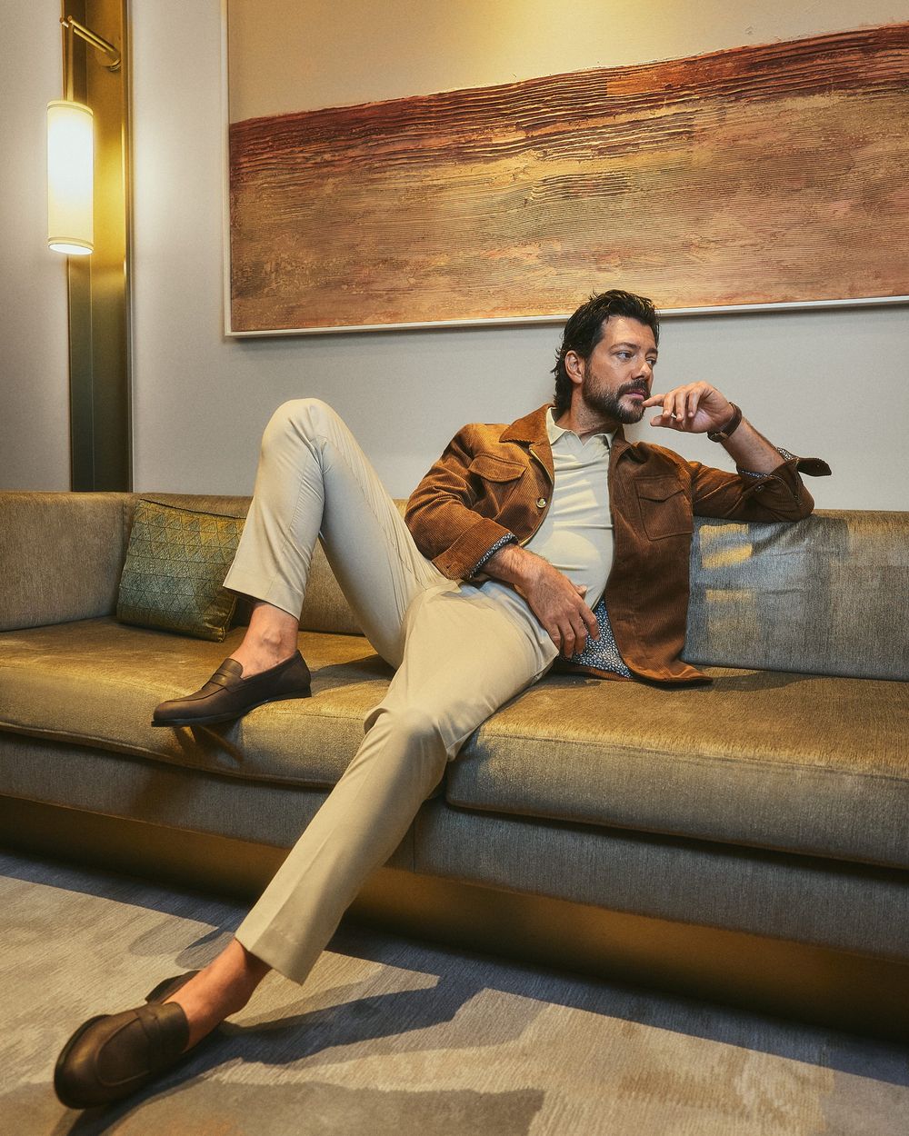 Brown Suede Overshirt with Beige Polo and Cream Trousers