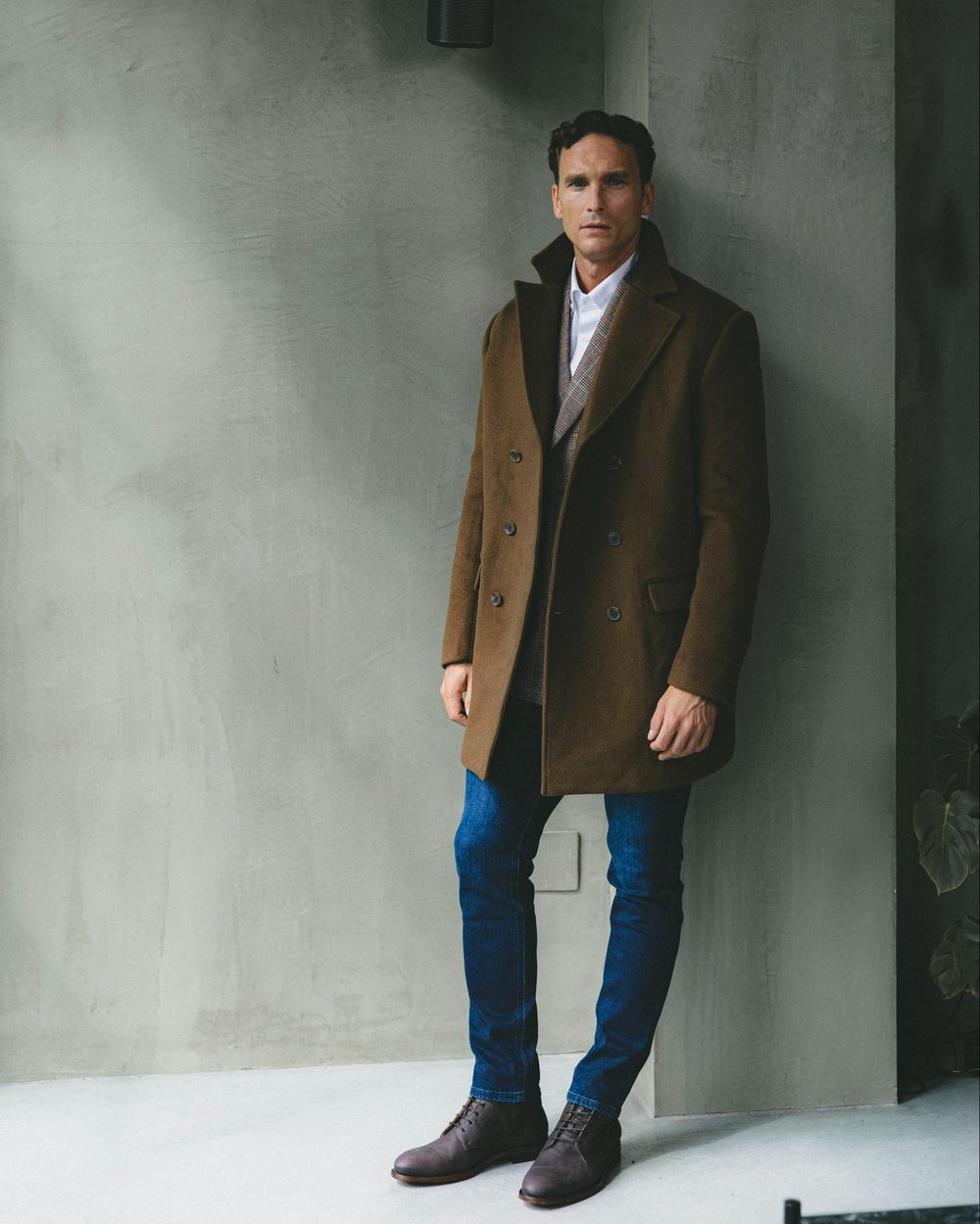 Brown Double-Breasted Overcoat with Blazer and Jeans