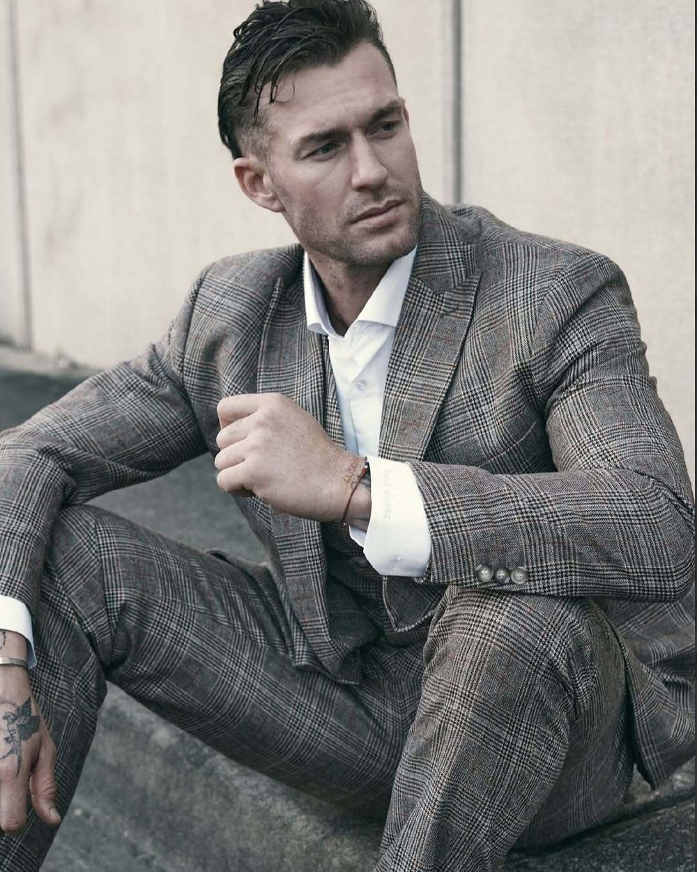 Brown Checked Three-Piece Suit with White Dress Shirt