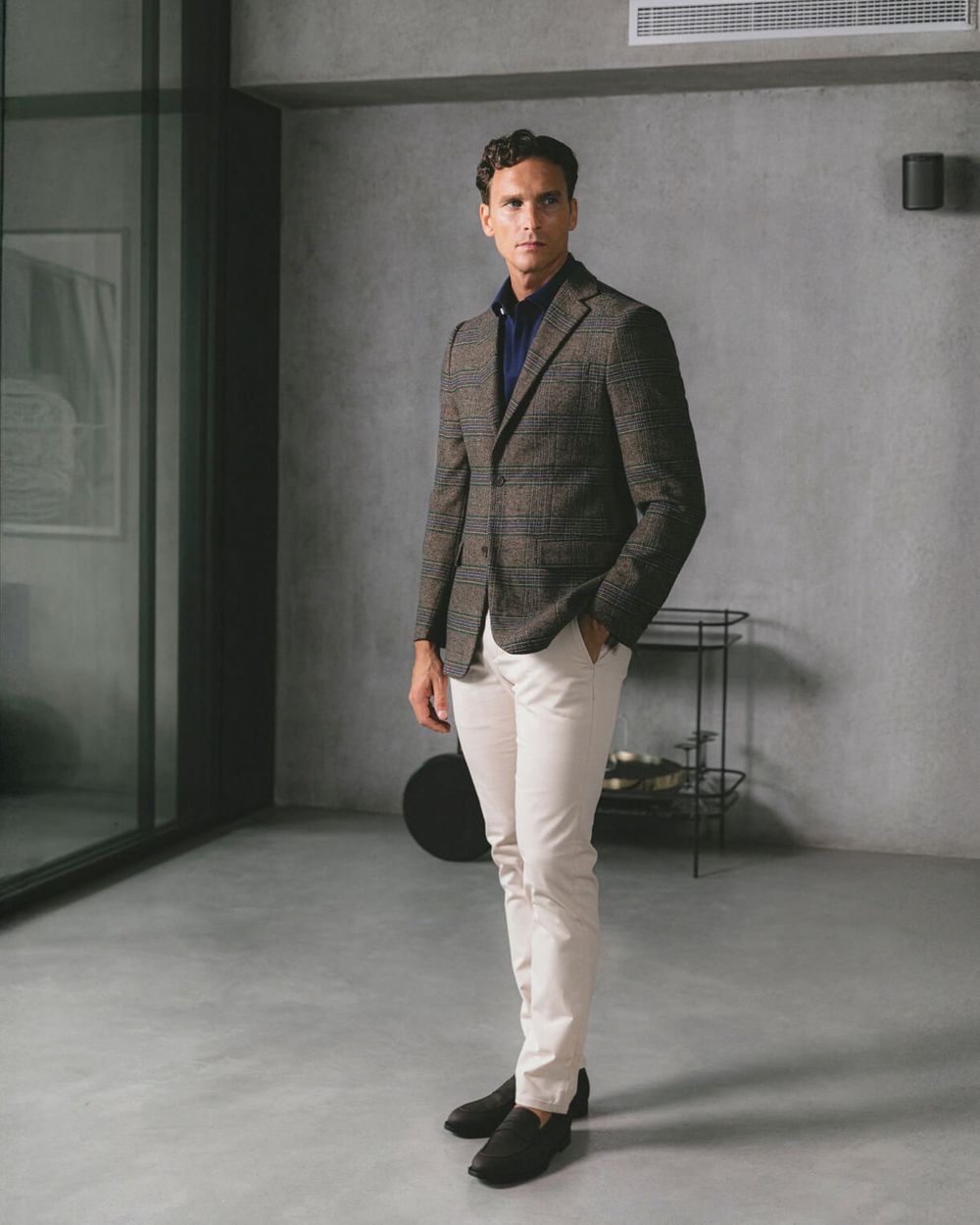 Checked Brown Blazer with Navy Polo and Chinos