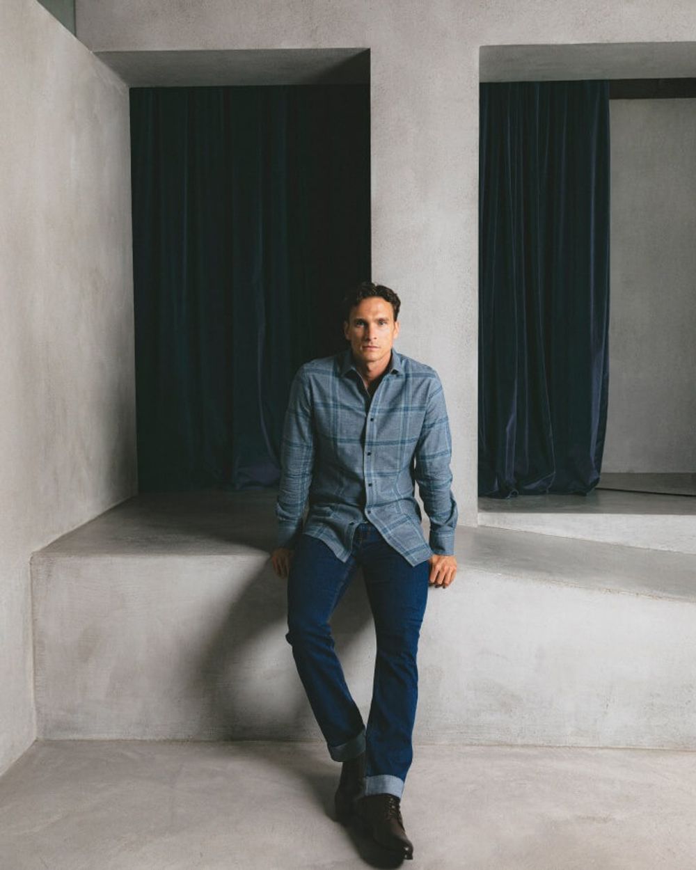 Blue Checked Shirt with Dark Blue Jeans