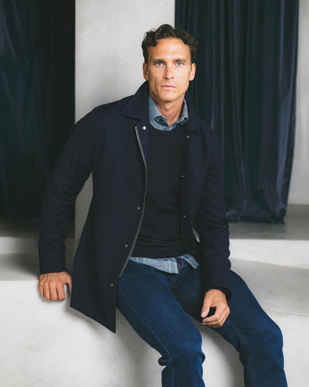 Dark Blue Coat with Shirt and Jeans