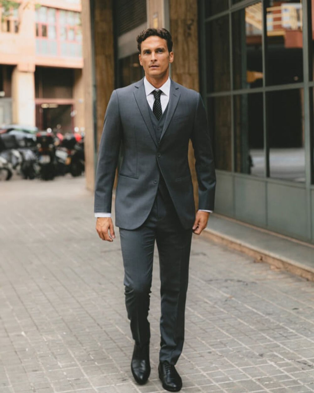 Gray Suit with Waistcoat and Polka-Dot Tie