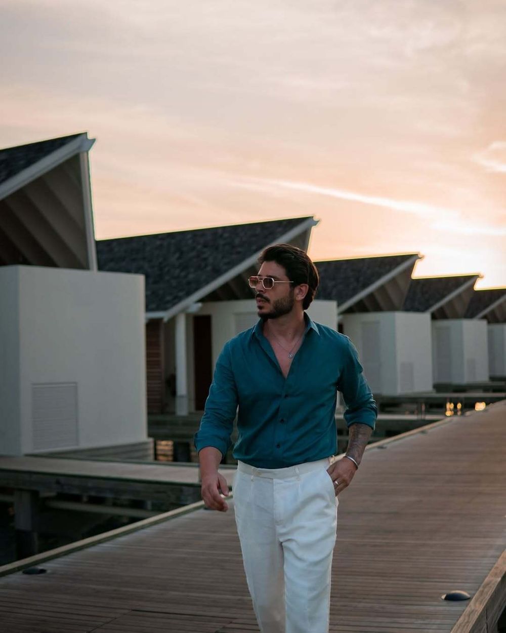 Teal Linen Shirt with White Linen Trousers