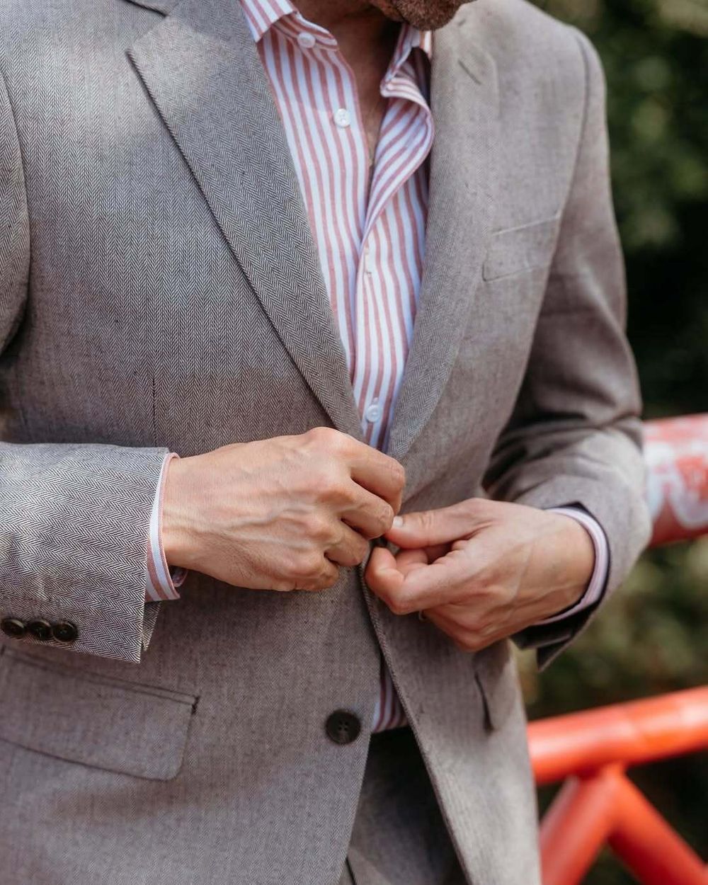 Light Gray Herringbone Suit with Pink Striped Shirt | Hockerty