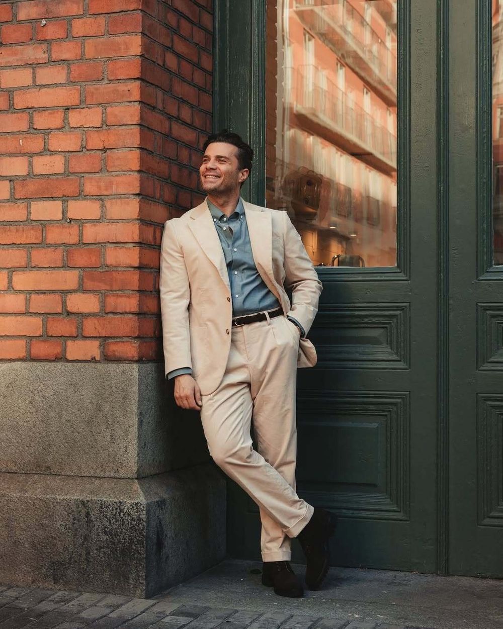 Sand Cotton Suit with Denim Blue Button-Up Shirt