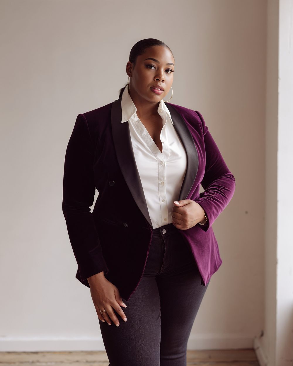 Deep Burgundy Velvet Blazer with White Shirt and Black Jeans Deep Burgundy Velvet Blazer with White Shirt and Black Jeans