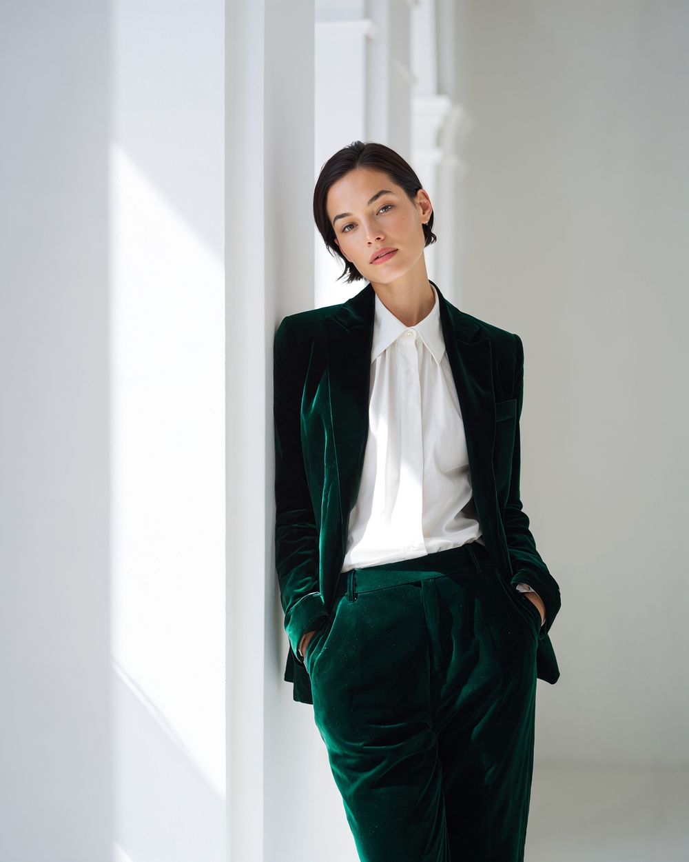Emerald Green Velvet Suit with White Shirt