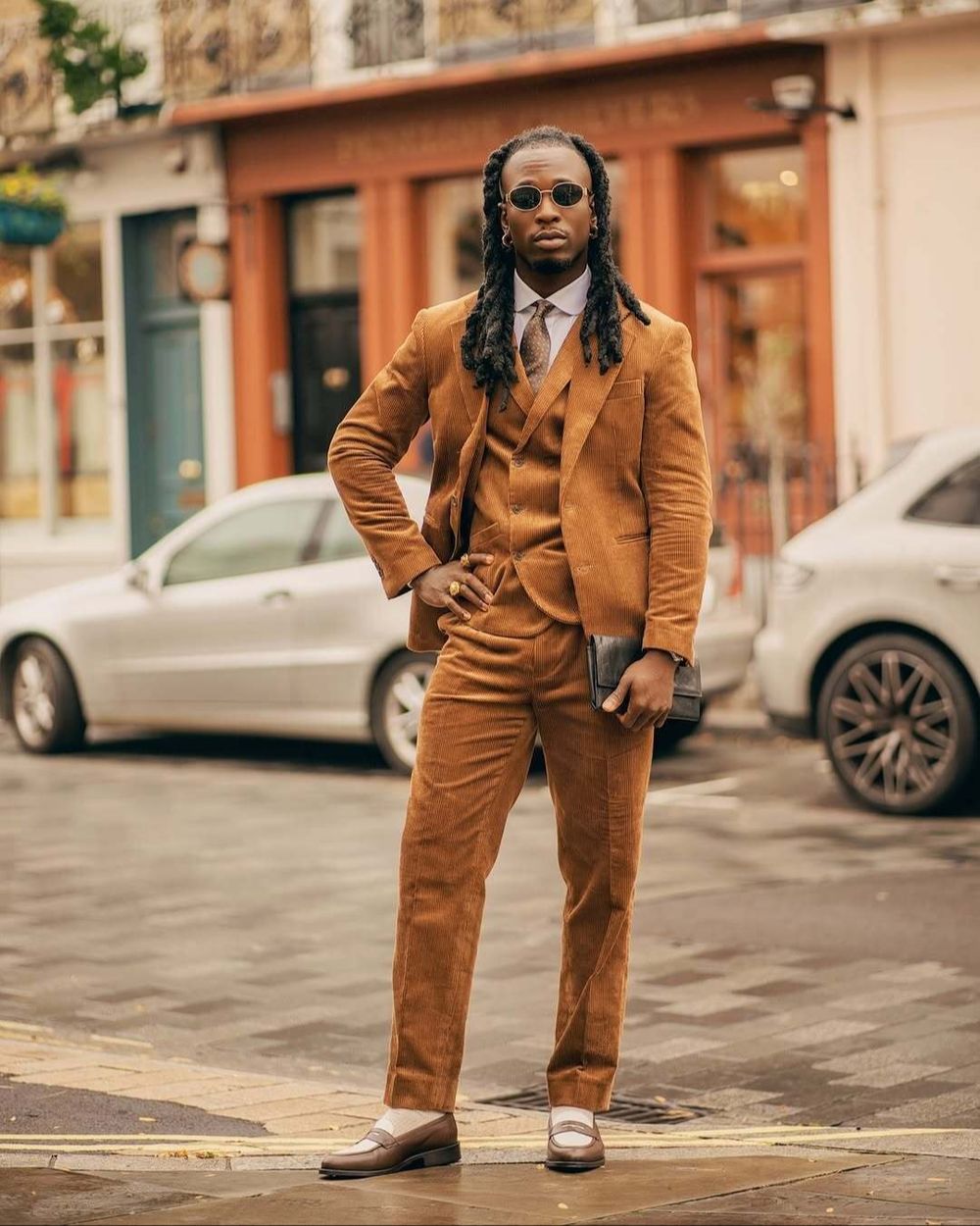 Caramel Brown Corduroy Suit with White Shirt