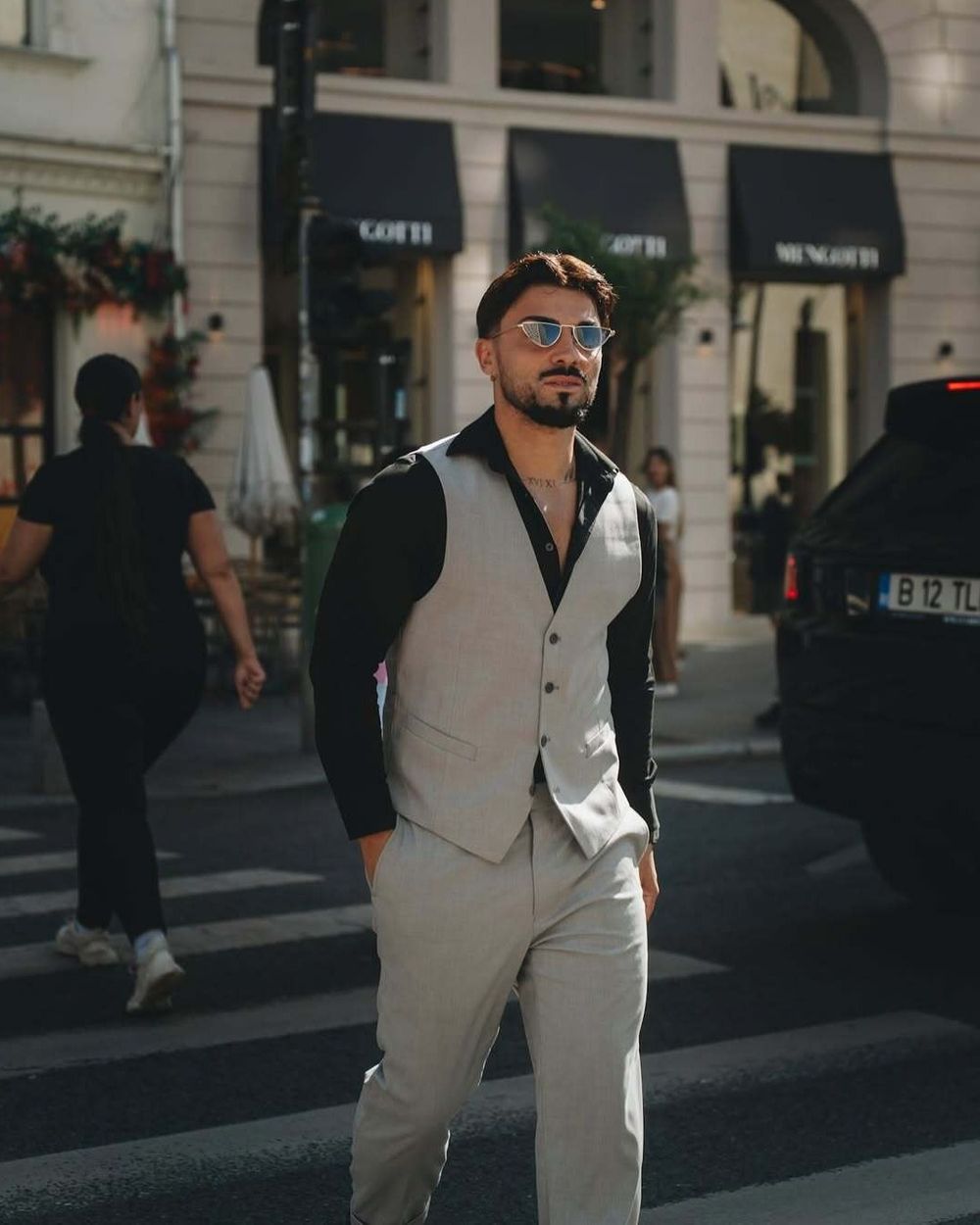 Light Gray Waistcoat and Trousers with Black Shirt and Loafers