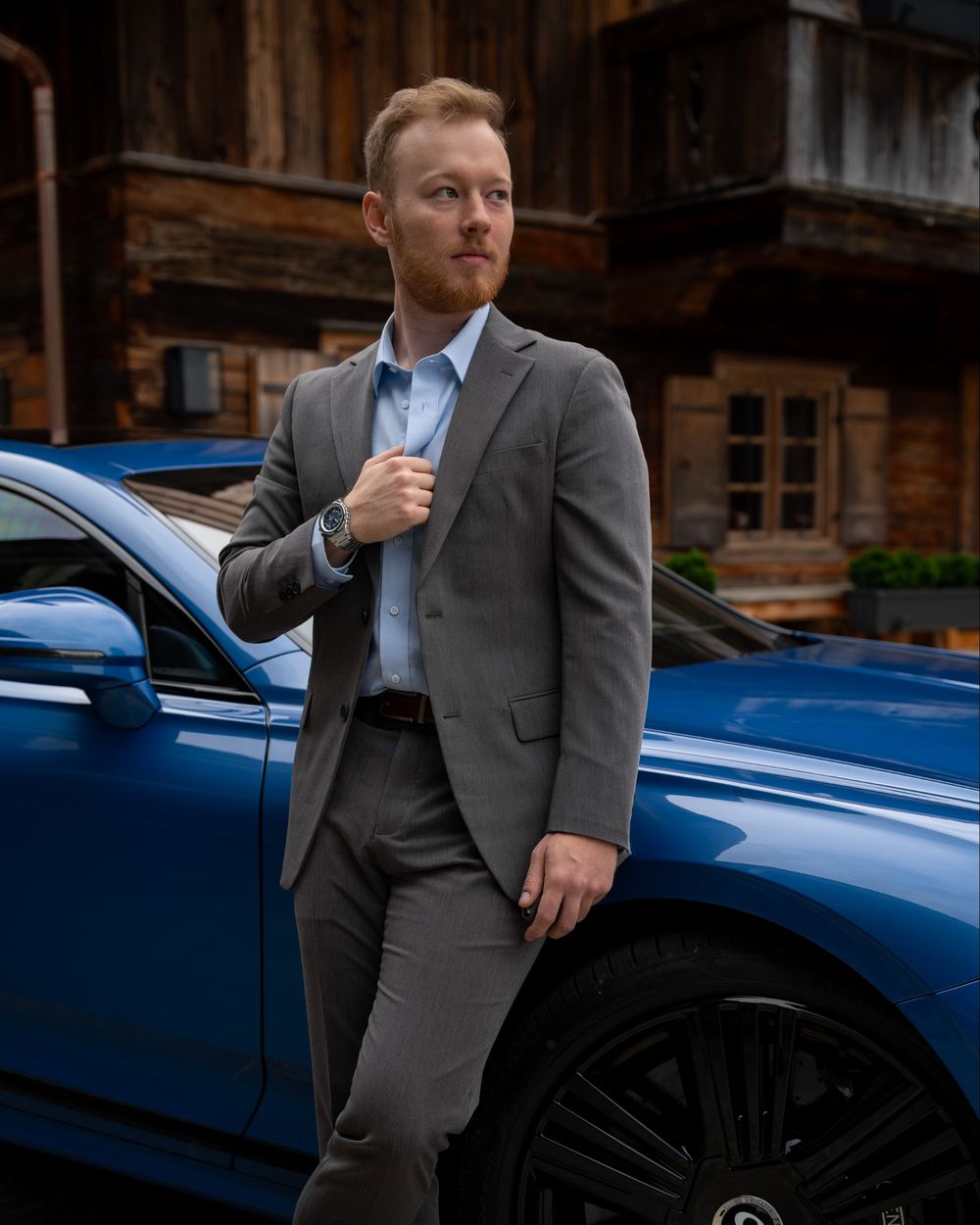 Gray Tailored Suit with Light Blue Shirt