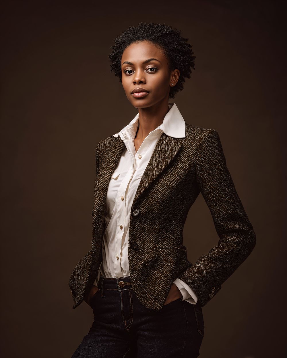 Blazer Marron avec Tenue Blanche | Hockerty