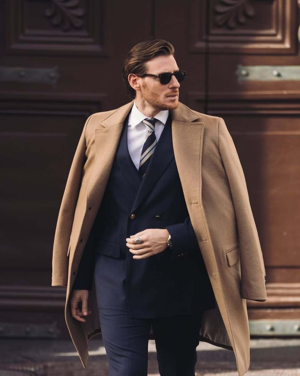 Camel Overcoat with Navy Double-Breasted Suit