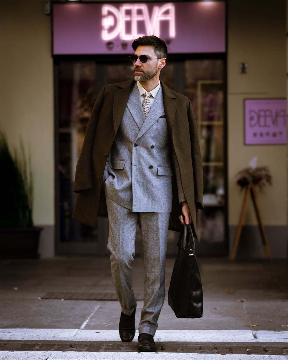 Brown Wool Overcoat with Light Gray Double-Breasted Suit