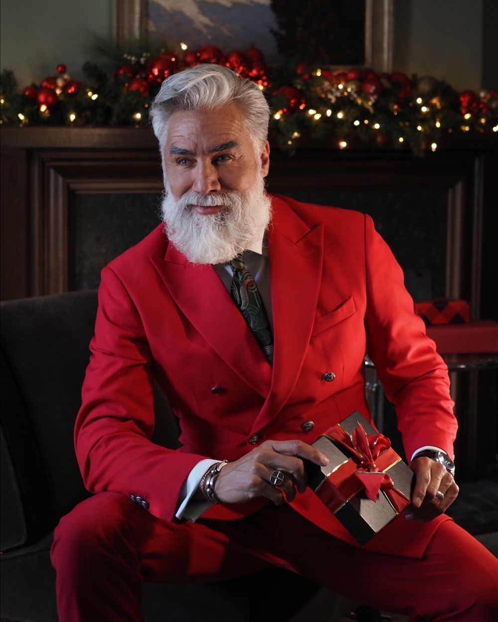 Red Double-Breasted Suit with Patterned Tie