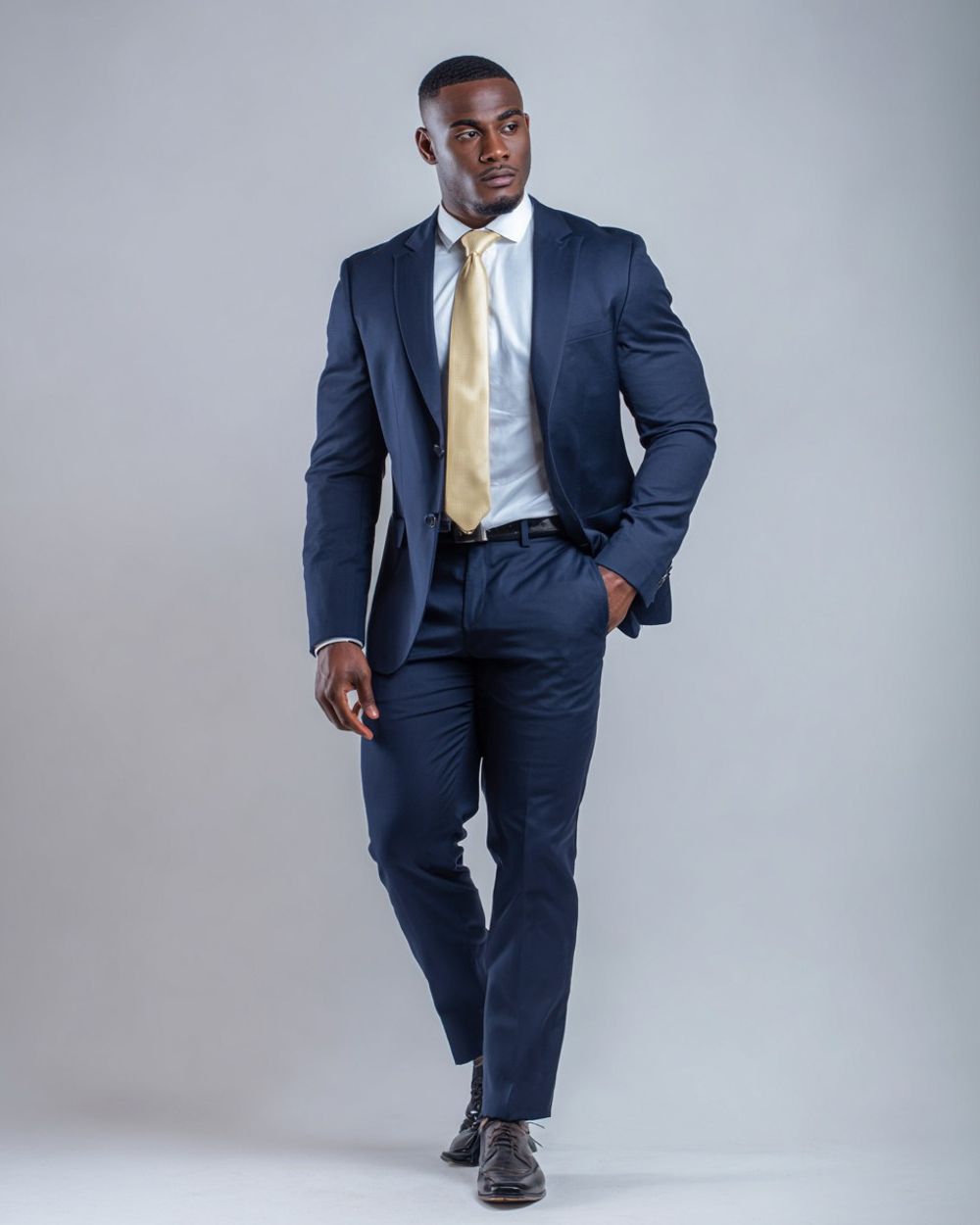 Navy Blue Suit with White Shirt and Champagne Tie