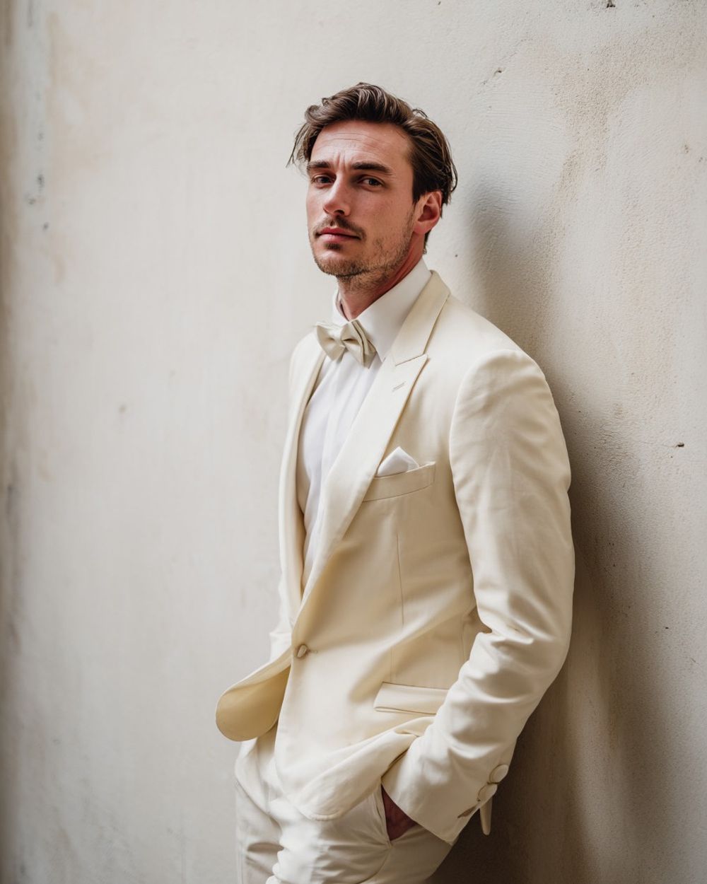 Suit with White Shirt and Cream Bow Tie