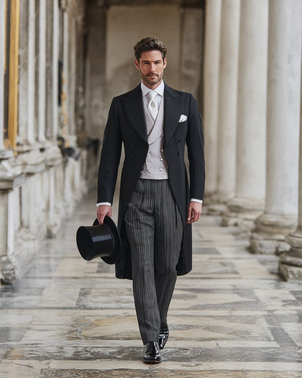 Black Morning Coat with Silver Waistcoat and Gray Striped Trousers