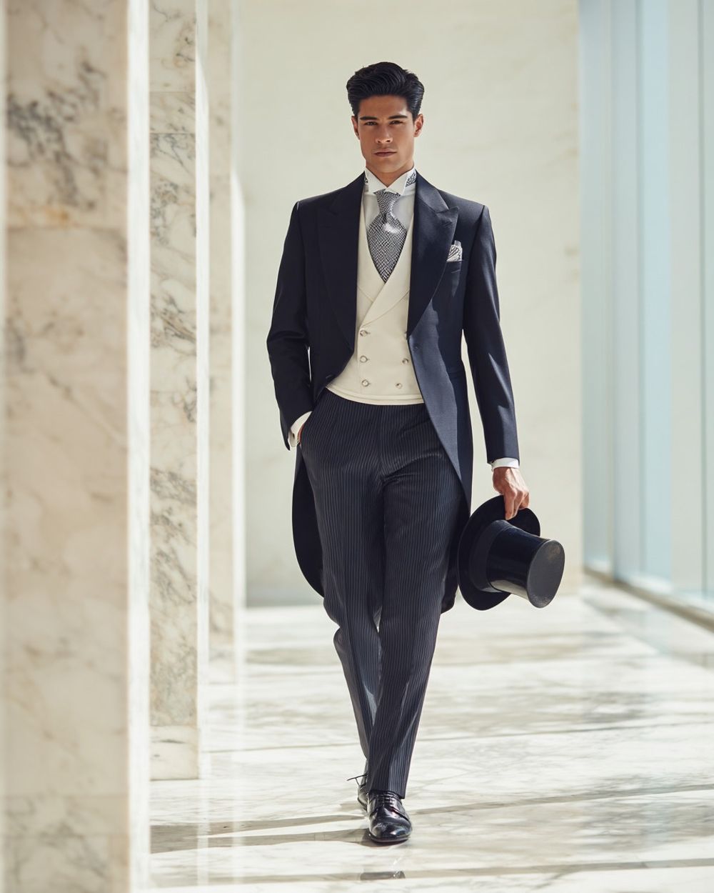 Black Morning Coat with Ivory Double-Breasted Waistcoat