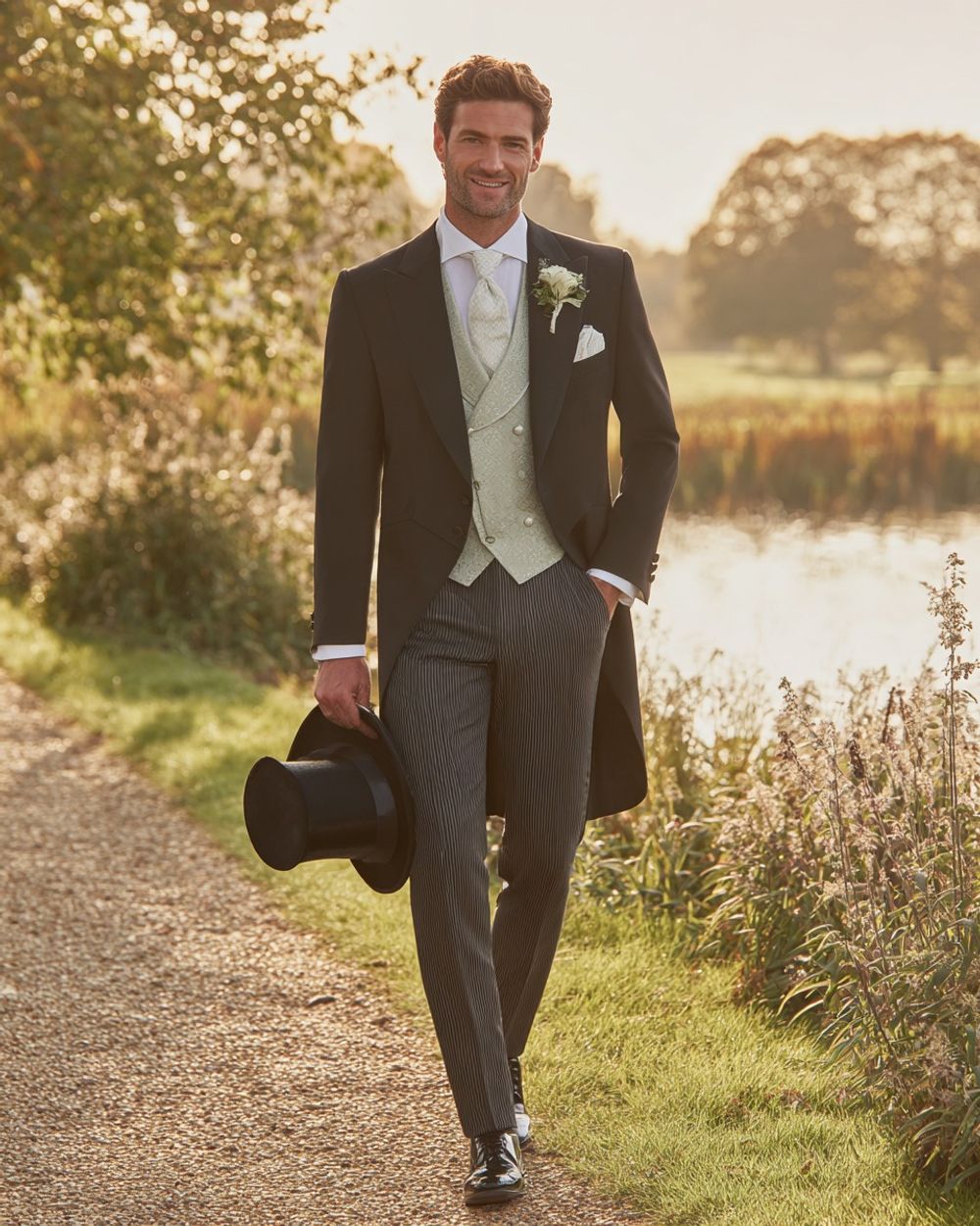 Black Morning Coat with Sage Green Waistcoat and Gray Pinstriped Trousers