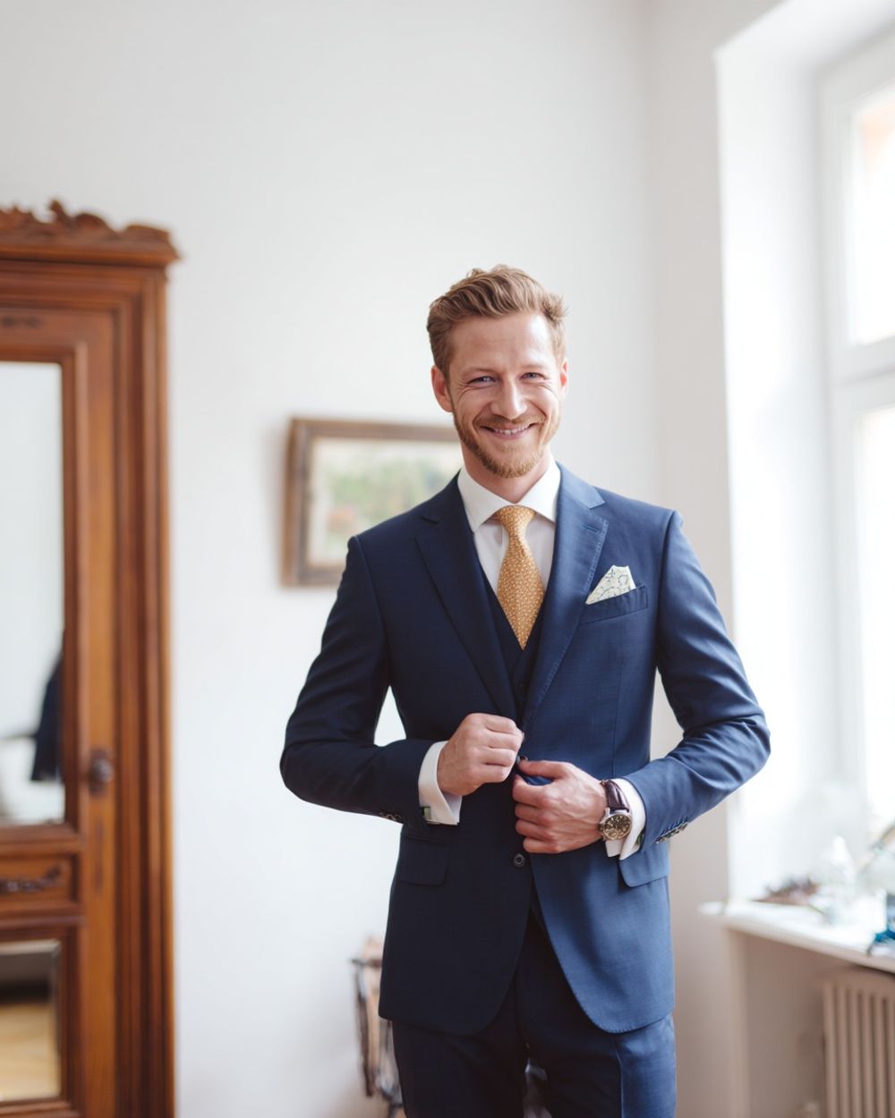 Navy Blue Suit with Mustard Tie
