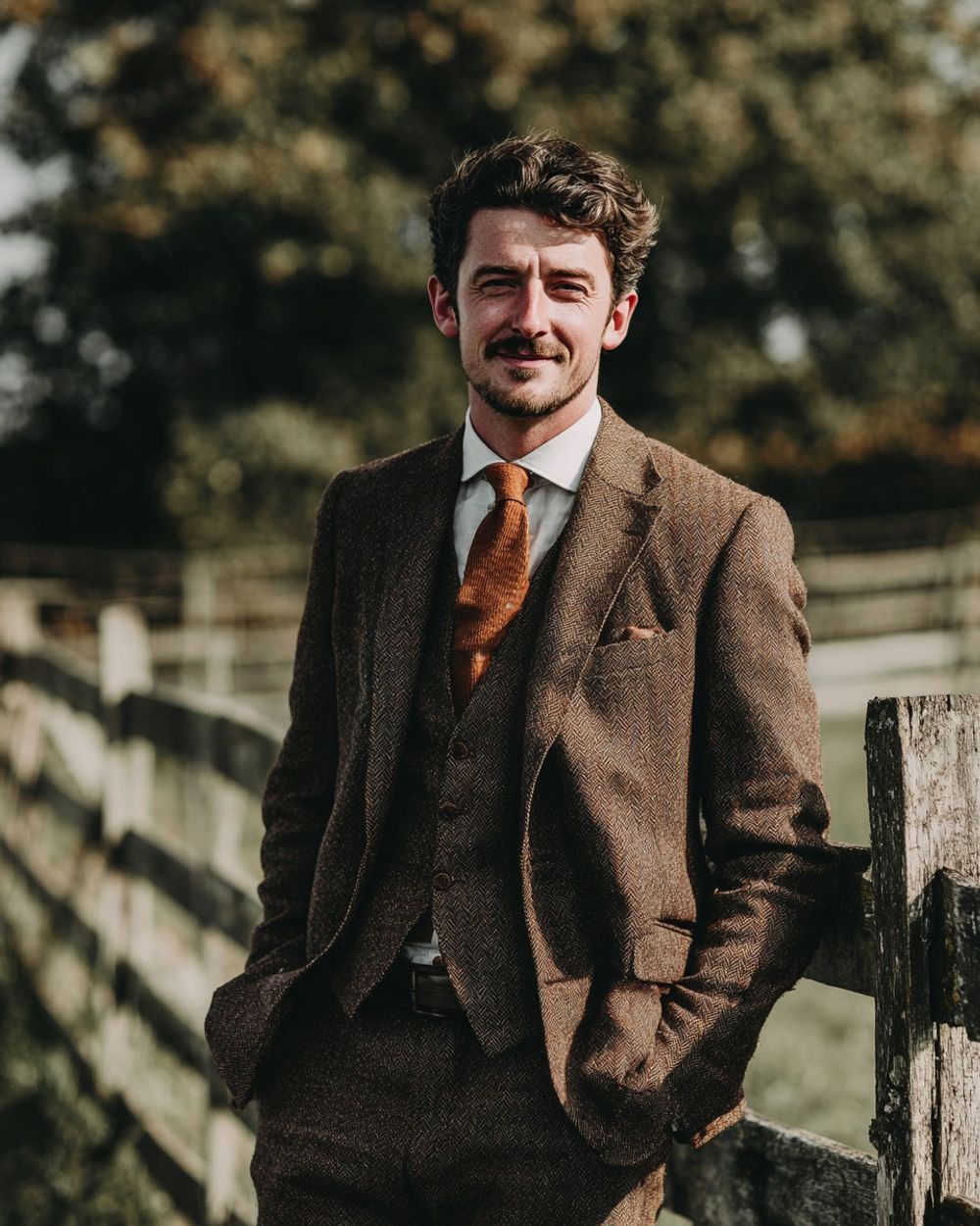 Brown Tweed Three-Piece Suit with Rust Tie