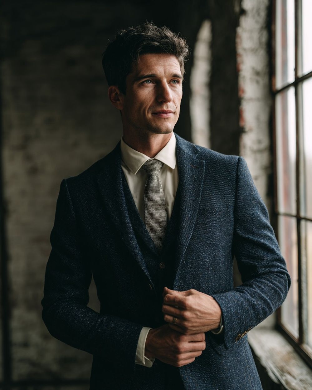 Navy Textured Suit with Light Gray Tie