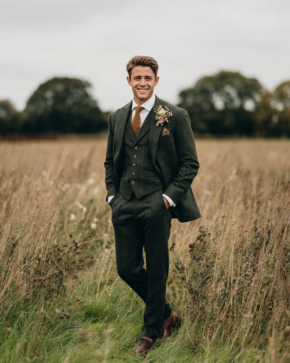 Woodland Green Tweed Suit with Amber Tie