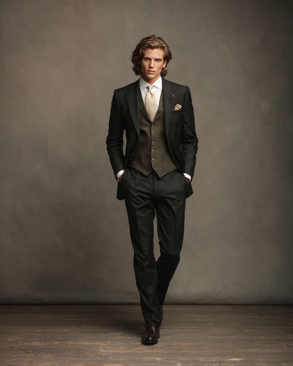 Black Pinstripe Suit with Taupe Waistcoat