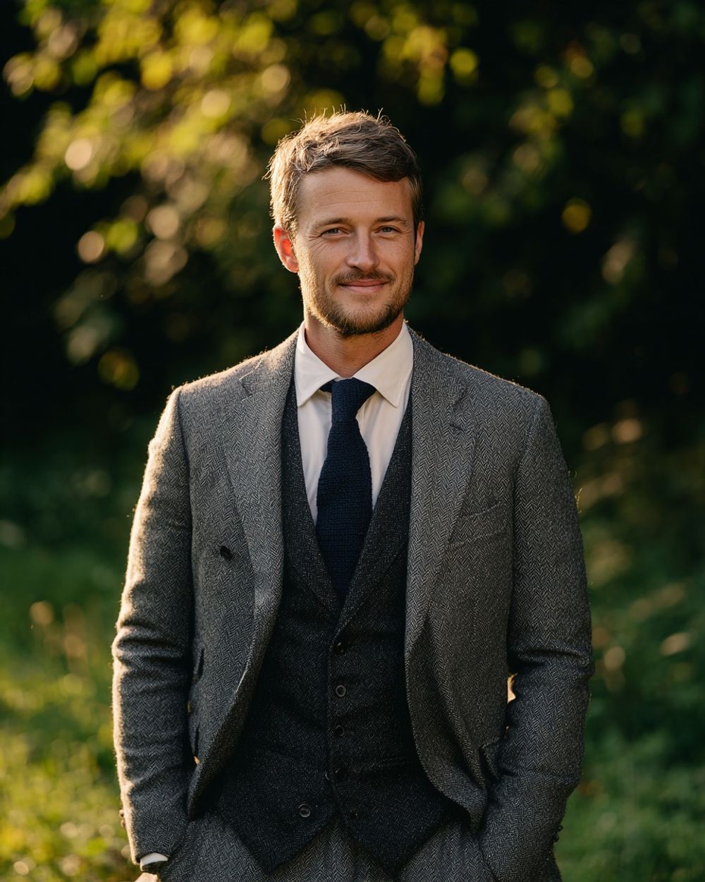 Gray Tweed Suit with Charcoal Waistcoat and Navy Tie