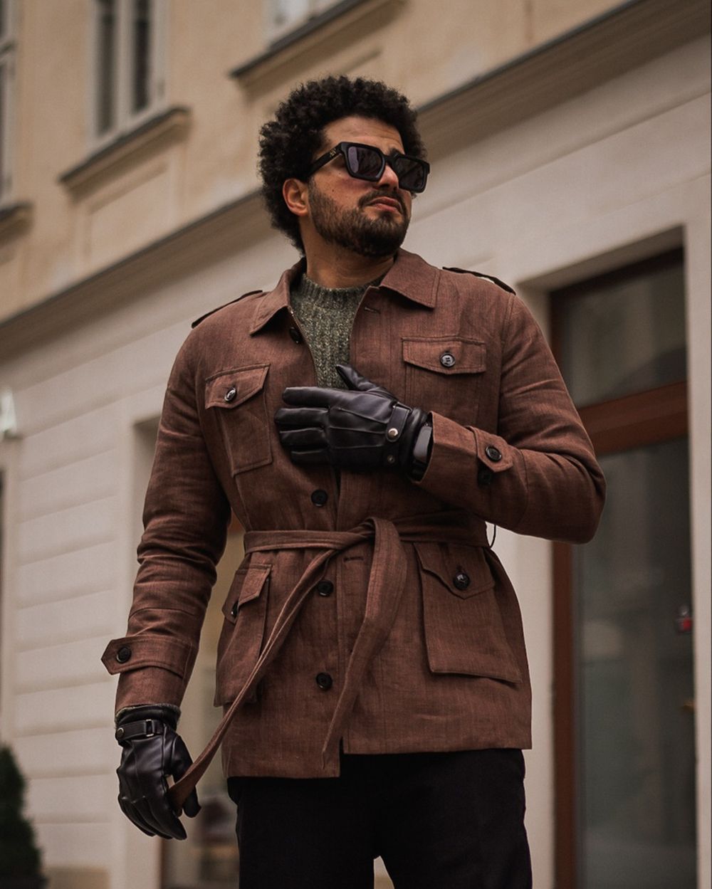 Brown Field Jacket with Knit Sweater