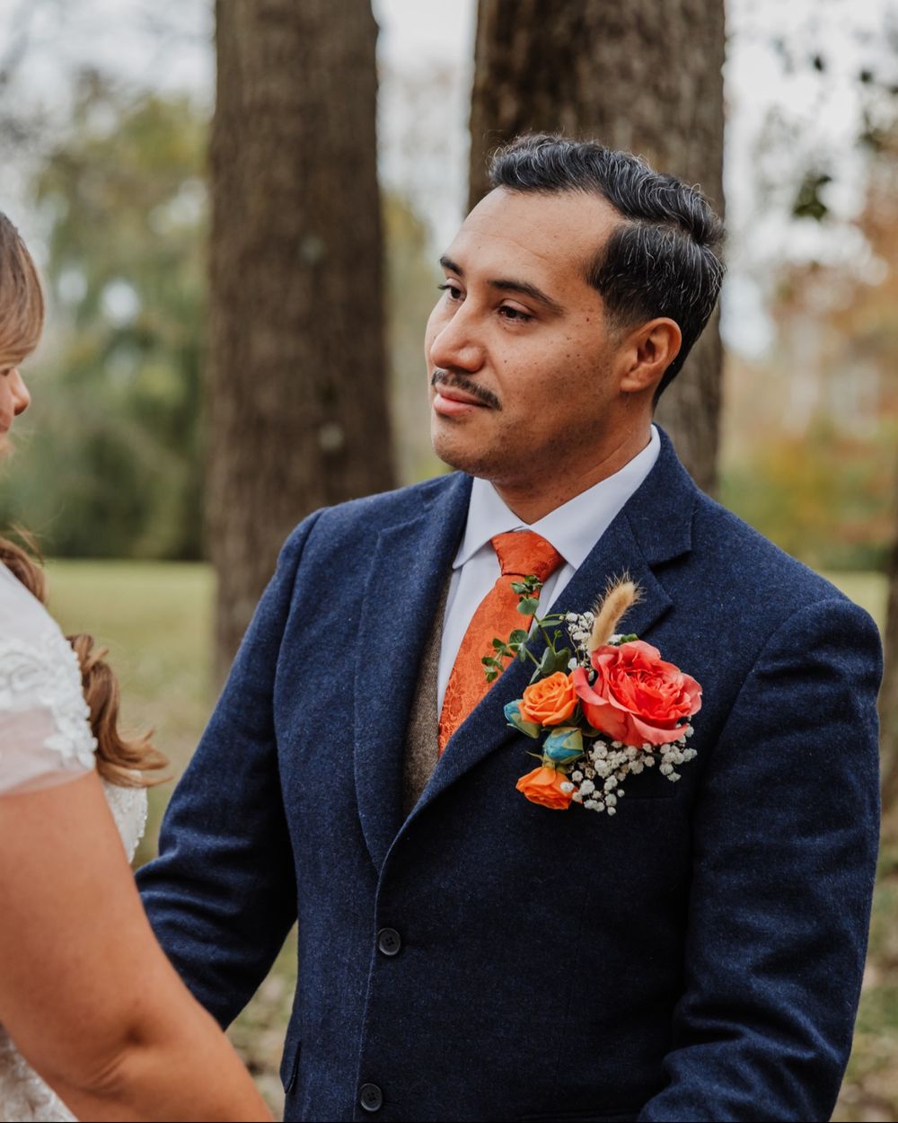 Navy Blue Suit with Brown Waistcoat and Orange Tie