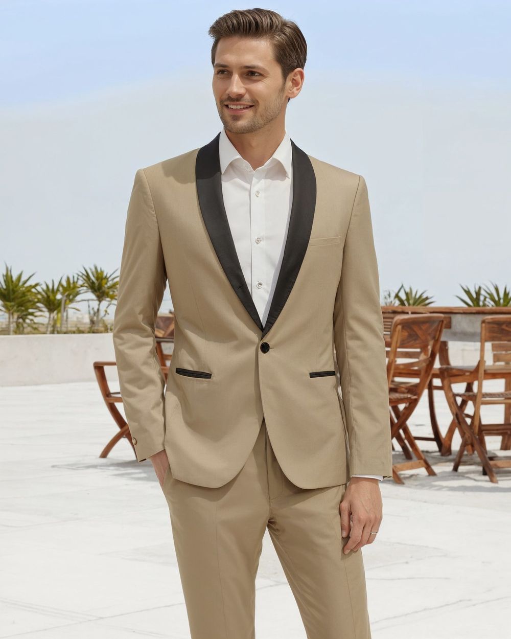 Champagne Tuxedo with Black Satin Lapels and White Shirt