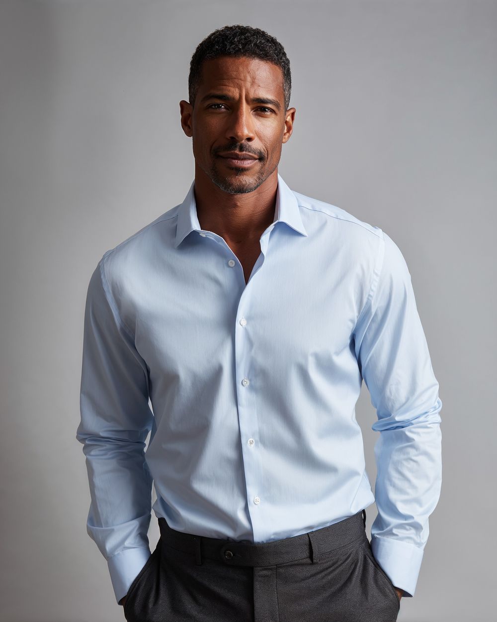 Light Blue Dress Shirt with Charcoal Tailored Trousers