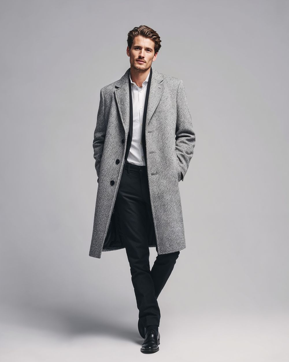 Gray Wool Overcoat with White Shirt and Black Trousers
