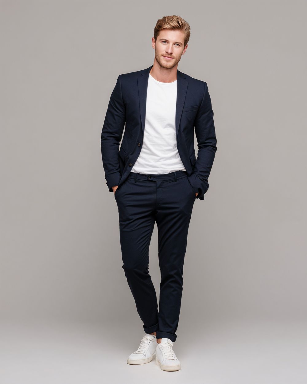 Navy Tailored Suit with White T-Shirt