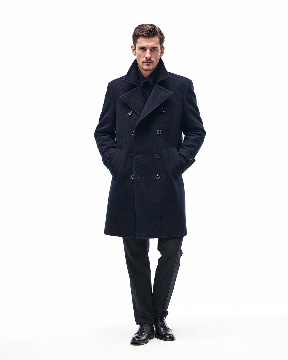 Navy Blue Pea Coat with Black Tailored Trousers