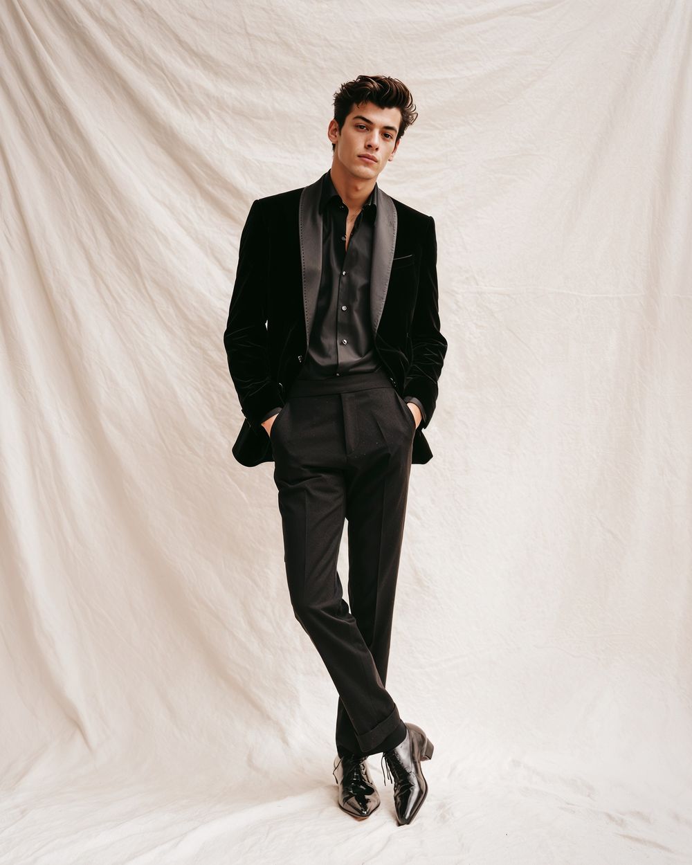 Black Velvet Jacket with Charcoal Shirt and Black Trousers