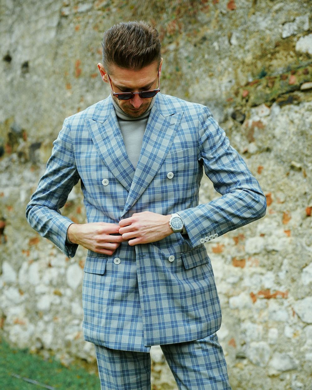Light Blue Check Double-Breasted Suit with Light Gray Turtleneck
