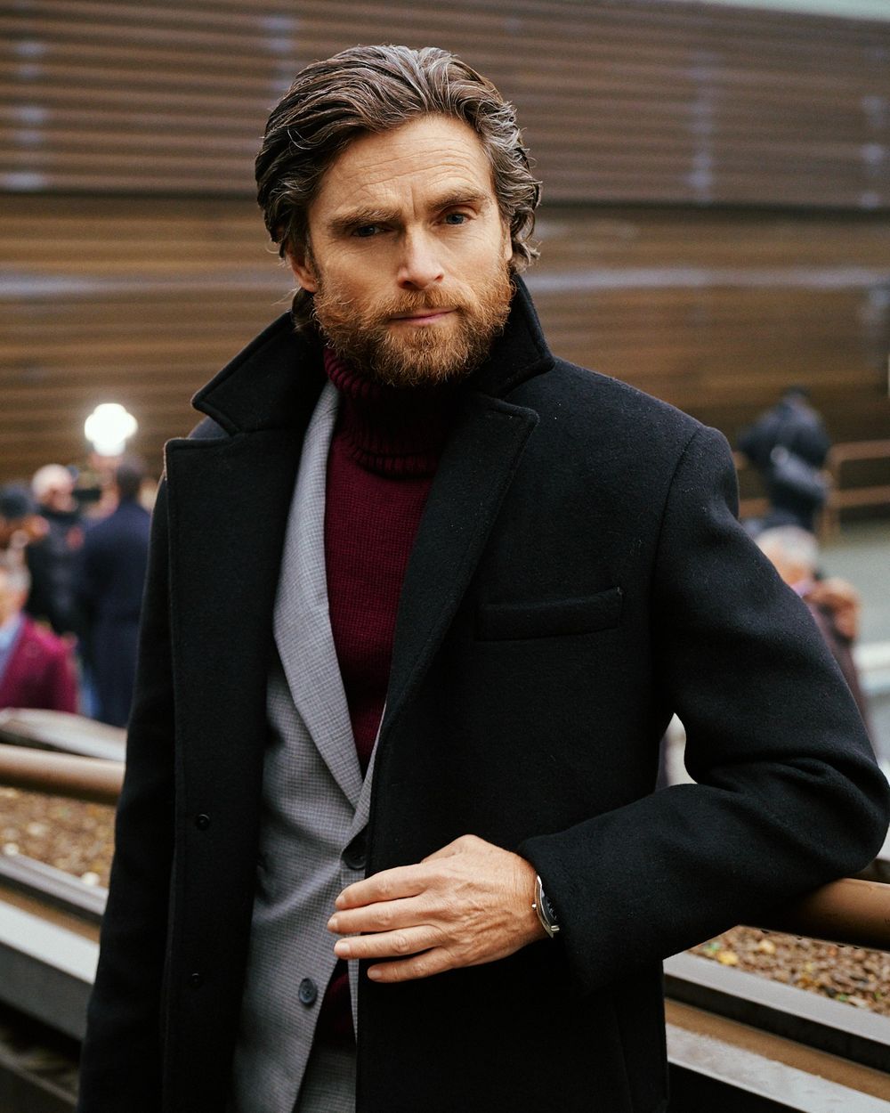 Black Overcoat with Burgundy Turtleneck