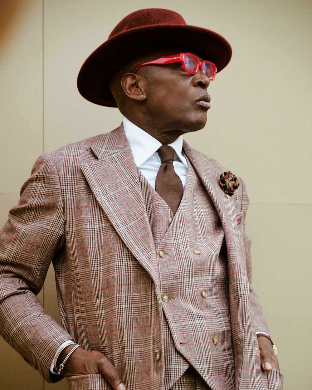 Brown Plaid Three-Piece Suit with Brown Tie