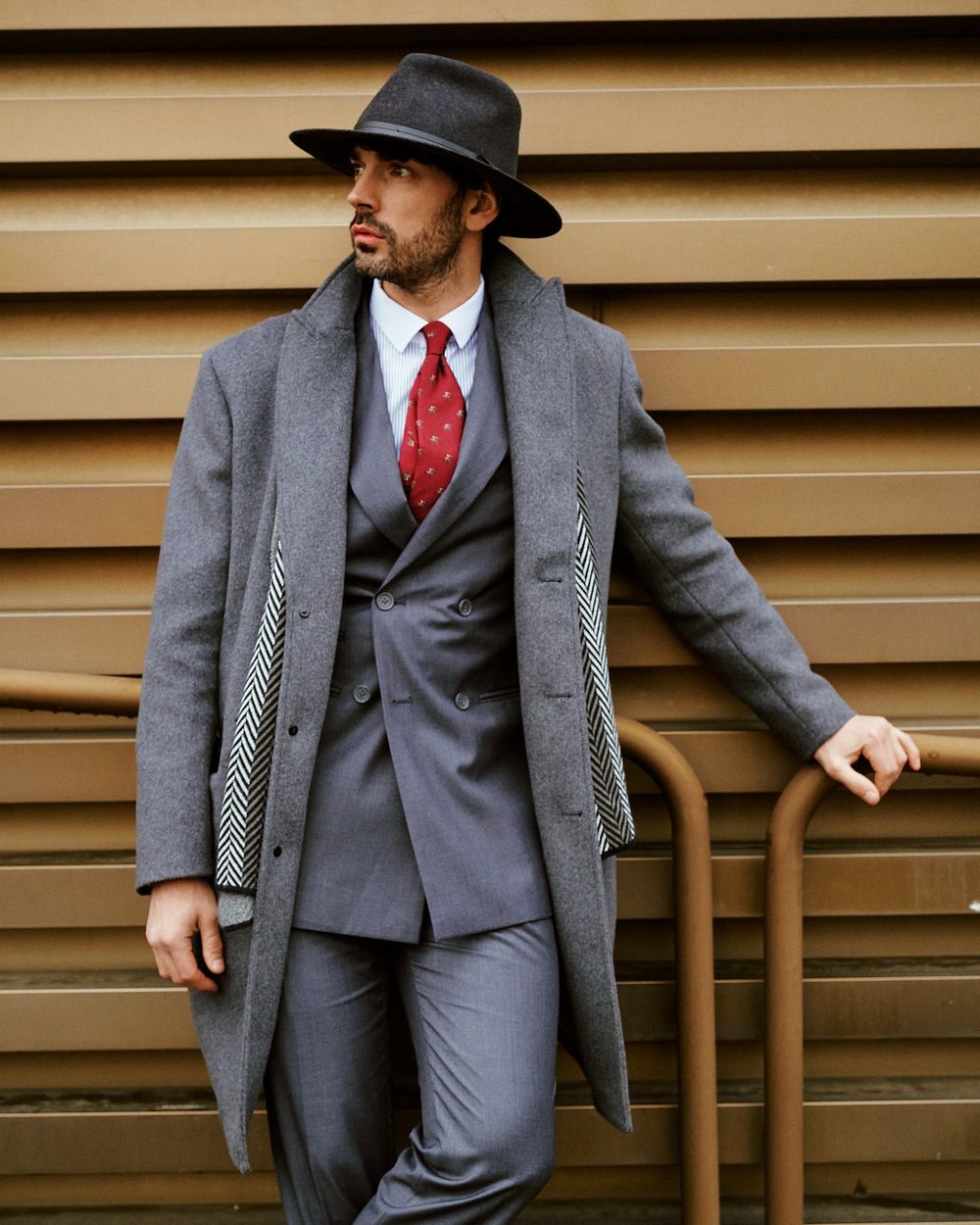 Gray Wool Overcoat with Gray Three-Piece Suit