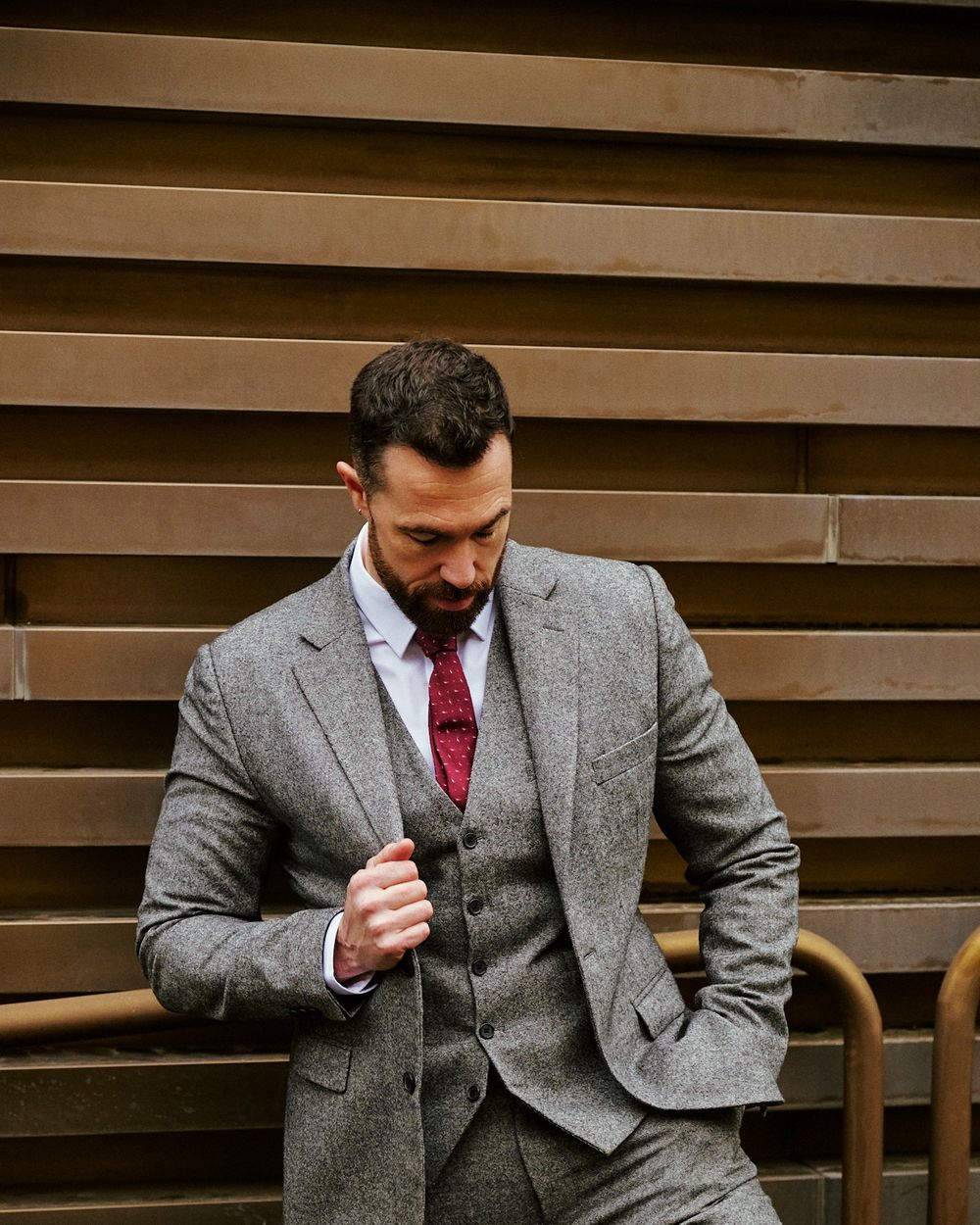 Grey Tweed Three-Piece Suit with Loafers