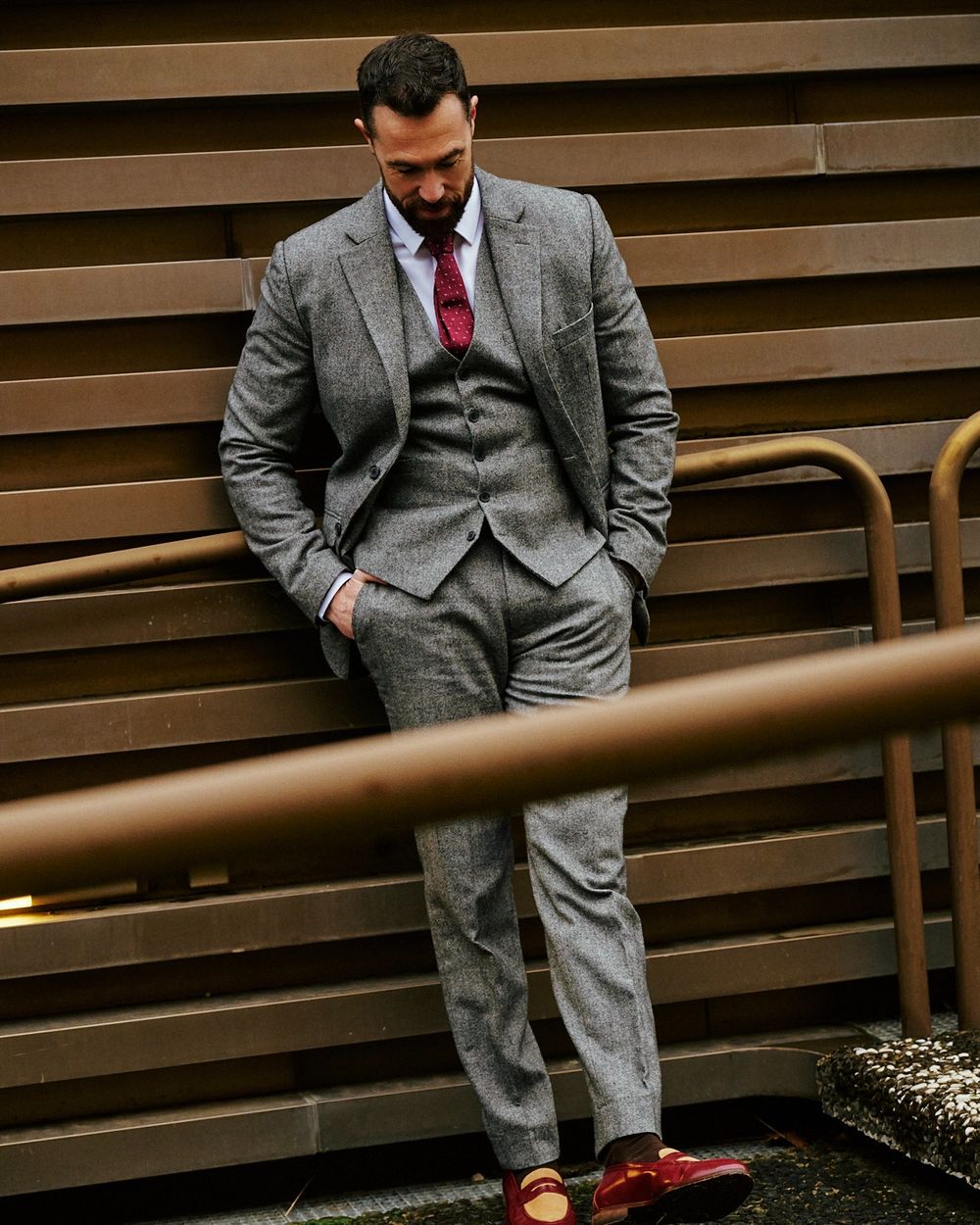 Grey Tweed Three-Piece Suit with Loafers