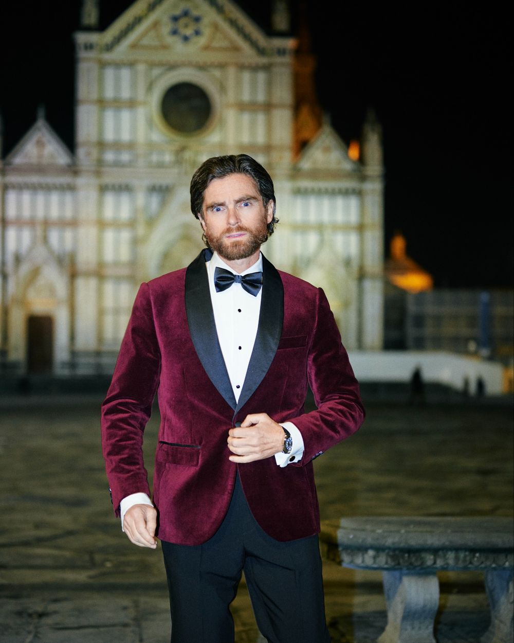 Burgundy Velvet Tuxedo Jacket with Black Tailored Trousers