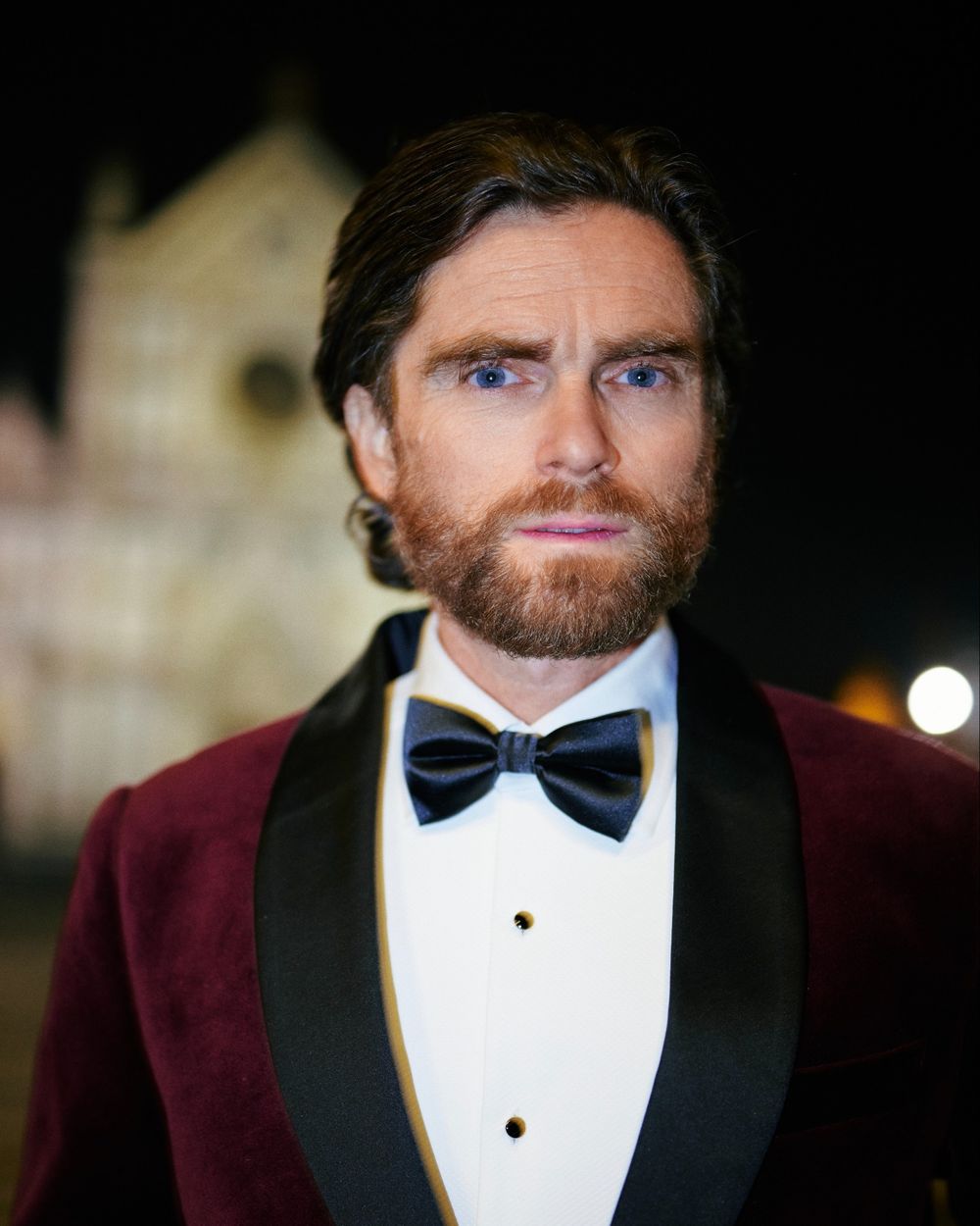Burgundy Velvet Tuxedo Jacket with Black Tailored Trousers