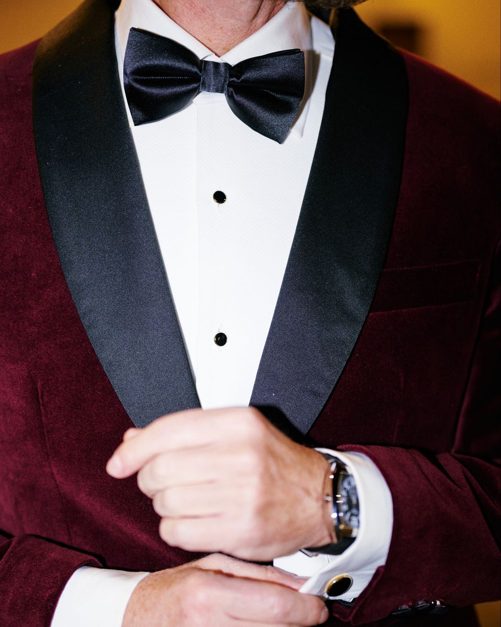 Burgundy Velvet Tuxedo Jacket with Black Tailored Trousers