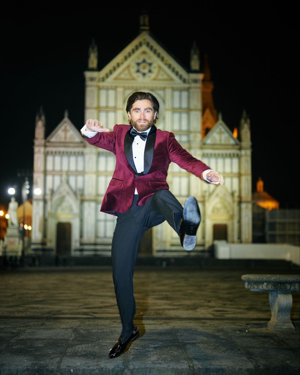 Burgundy Velvet Tuxedo Jacket with Black Tailored Trousers
