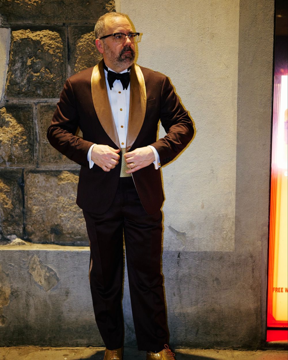 Chocolate Brown Tuxedo Suit with Gold Satin Lapels