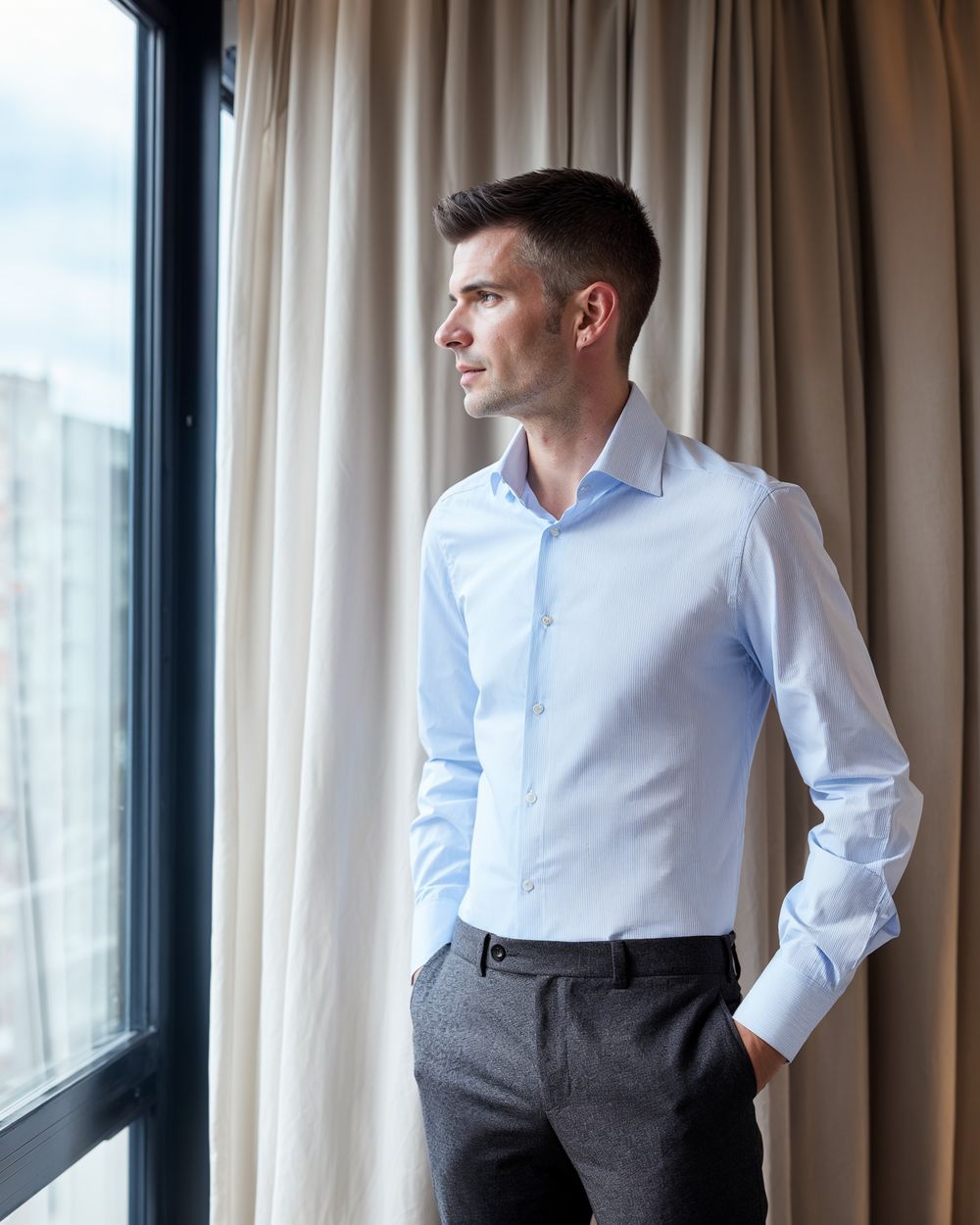 Light Blue Dress Shirt with Gray Tailored Trousers